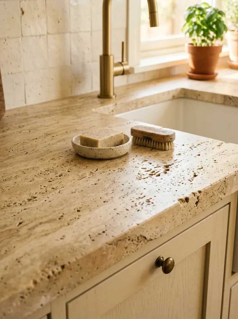 Brushed travertine kitchen counter in warm ivory with visible natural pitting and brass faucet