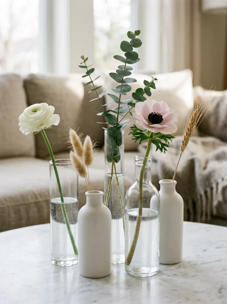 Five bud vases of varying heights grouped on a marble coffee table, each holding a single different stem including ranunculus, dried bunny tail, and eucalyptus
