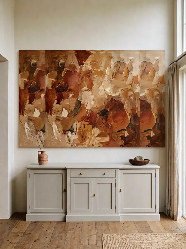 Pale grey buffet cabinet with one large abstract painting above filling most of the wall, and the cabinet surface nearly empty to let the art carry the composition
