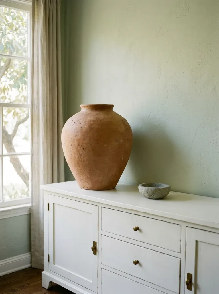 White buffet cabinet with one large terracotta ceramic vase as the central anchor object, surrounded by intentional negative space on the surface
