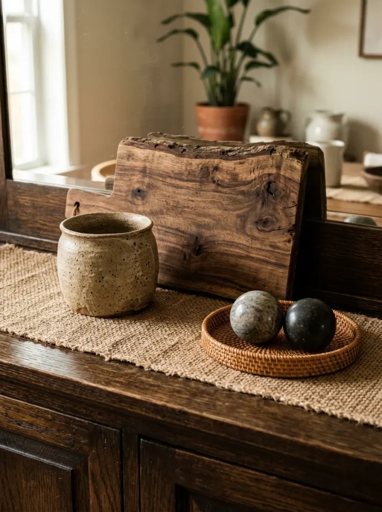 Buffet cabinet surface with a jute runner, hand-thrown ceramic pot, raw-edge wooden board, and rattan tray with stone spheres showing layered natural textures
