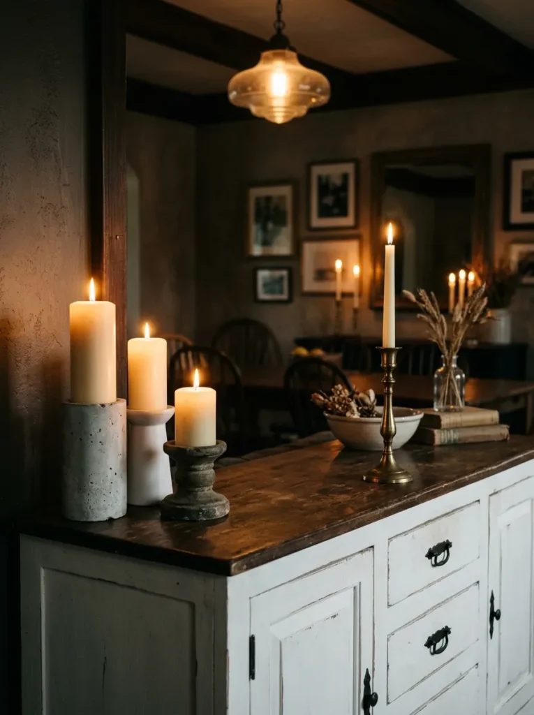 White buffet cabinet at evening with a cluster of lit pillar candles at varied heights in concrete and stone holders, and a brass taper candlestick at the far end
