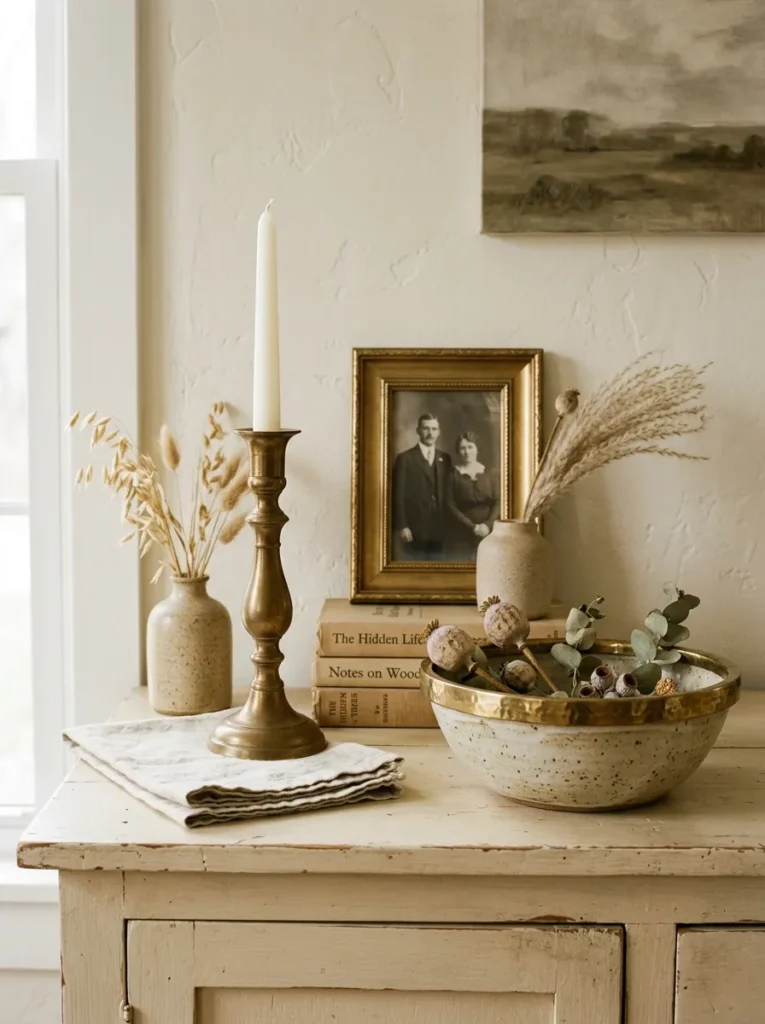 Cream buffet cabinet surface with aged brass repeated across a leaned picture frame, a taper candlestick, and a rimmed ceramic bowl as a unifying material thread
