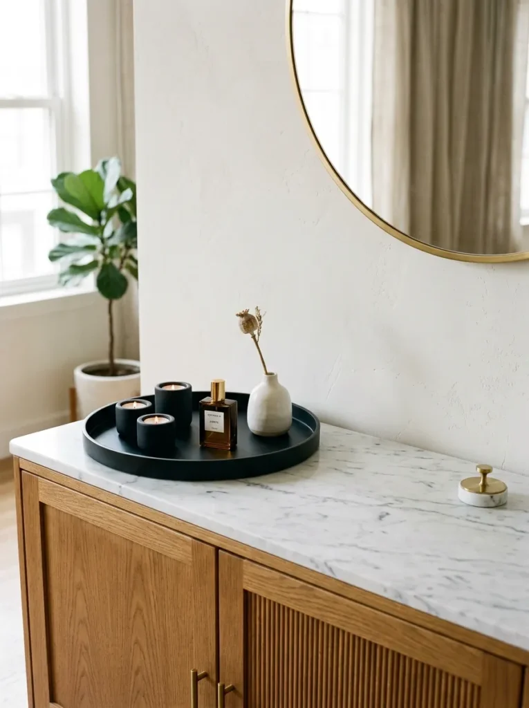 White marble-top buffet cabinet with a round black lacquer tray on one side holding candle holders, a decorative bottle, and a small bud vase
