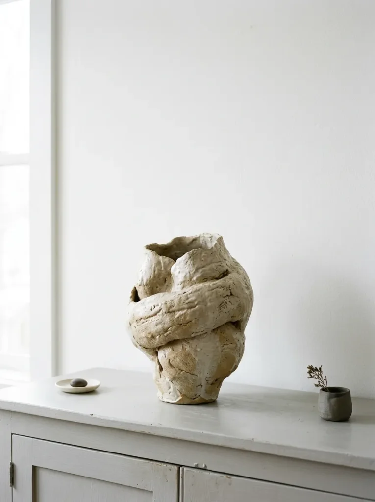 Light grey buffet cabinet with a single large hand-formed sculptural ceramic vessel as the sole focal point, flanked by minimal low objects at each side
