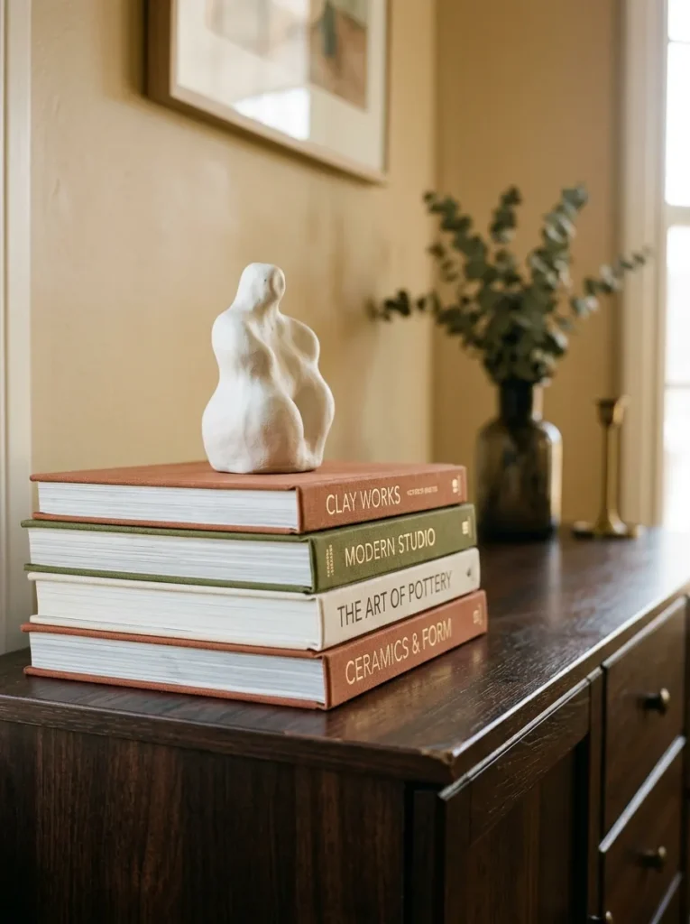 Dark buffet cabinet section with a horizontal stack of coordinated art books used as a riser for a small white ceramic sculpture on top
