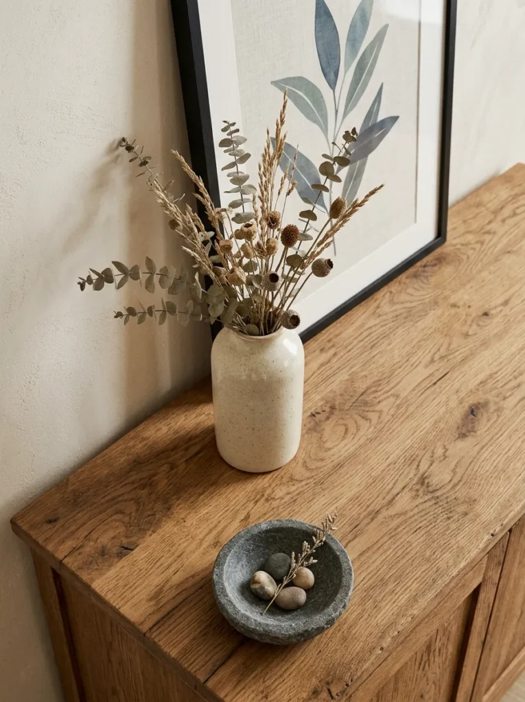 Overhead angle of a buffet cabinet surface showing three depth zones — a leaned frame at the back, a ceramic vase in the middle, and a small stone bowl at the front edge
