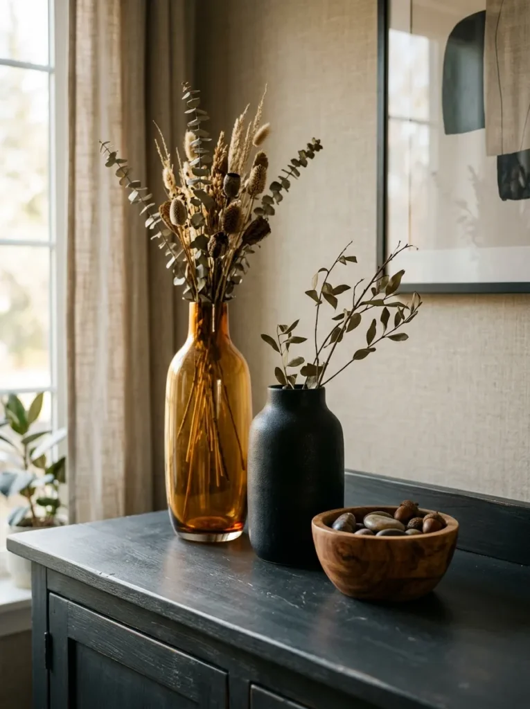 Dark buffet cabinet with three objects grouped at different heights — a tall amber glass vase, a medium ceramic vessel, and a small wooden bowl in front
