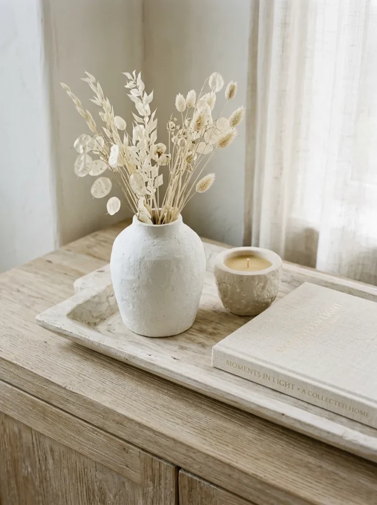 Buffet cabinet surface styled with a tonal collection of warm white and cream objects — ceramic vase, bleached tray, linen book, and stone candle vessel
