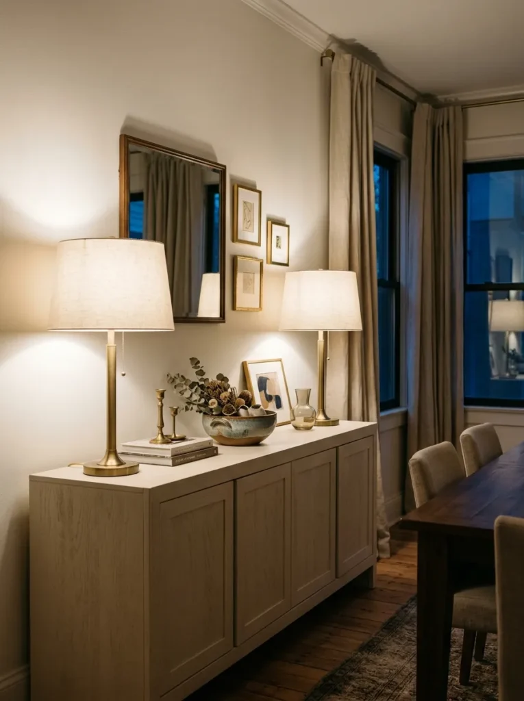 Cream buffet cabinet at dusk with two matching brass-based table lamps lit symmetrically at each end, casting warm light across the dining room
