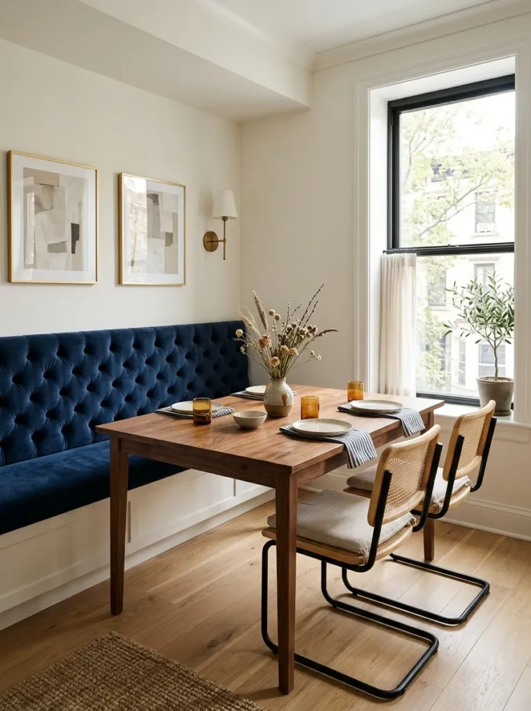 Built-in cushioned banquette running the full wall of a small apartment dining area