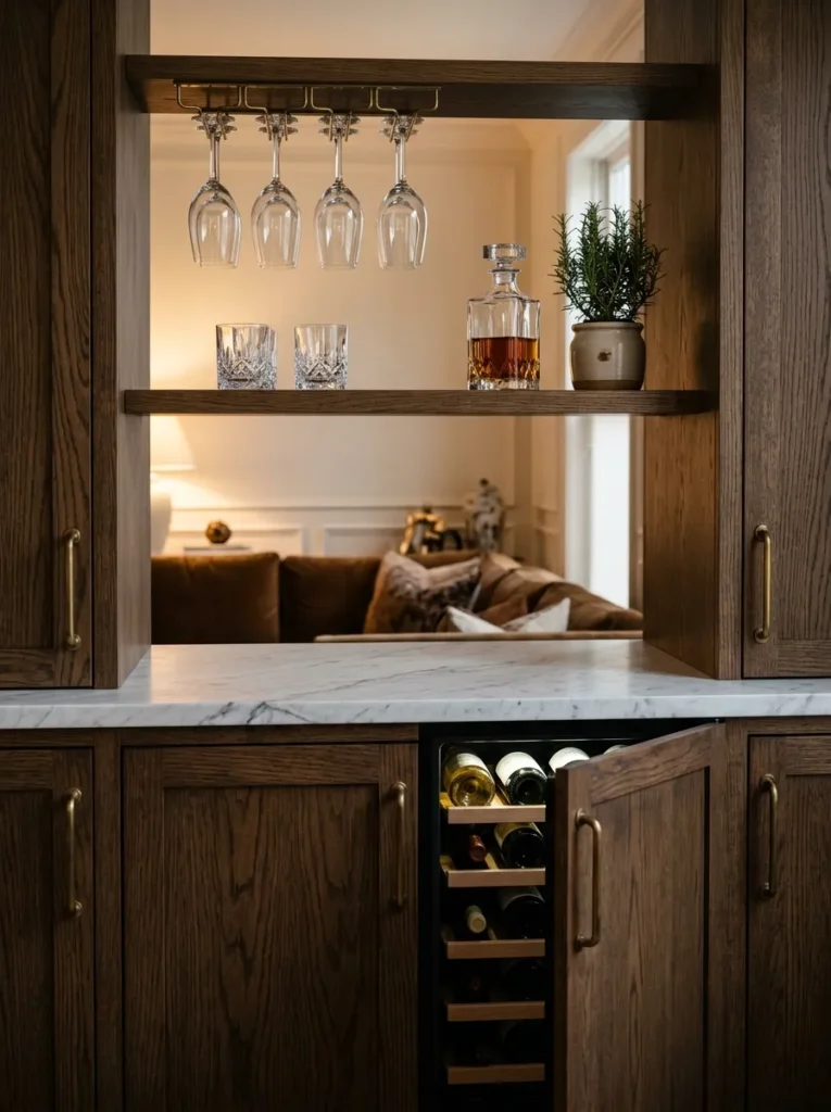 Built-in bar station within a living room cabinet wall with a marble countertop, hanging wine glasses, decanter, and closed lower cabinets concealing a wine refrigerator
