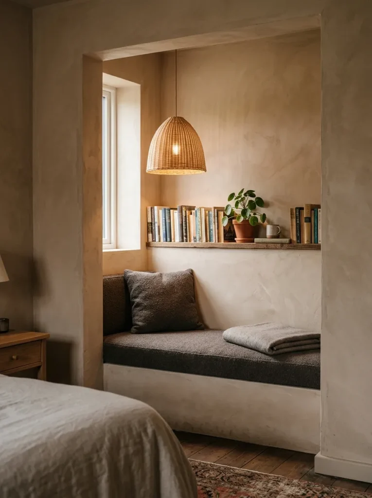 Built-in bedroom reading nook with charcoal bouclé bench, low rattan pendant, and narrow book shelf in a warm clay alcove