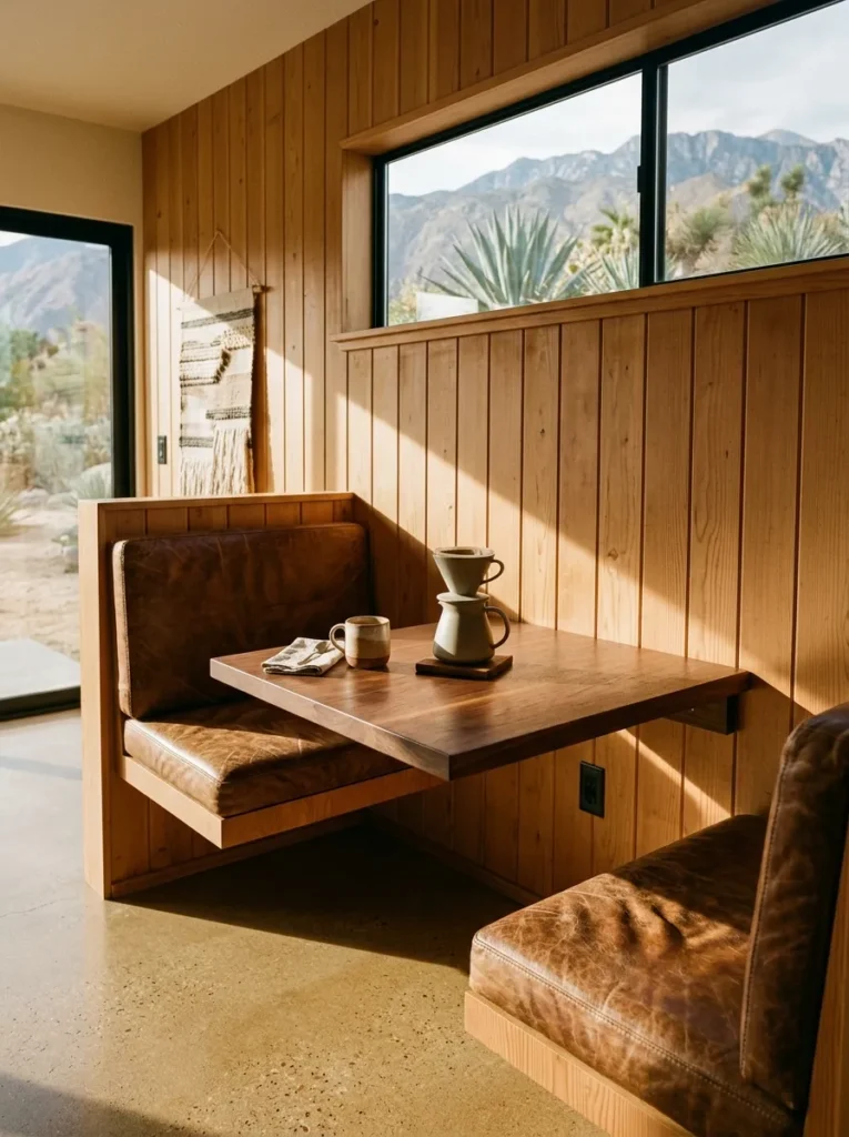 Fully built-in breakfast nook with saddle leather seat and cantilevered solid walnut table in a mid-century Palm Desert home.