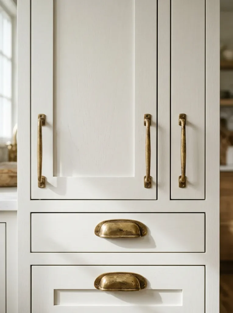 Close-up of aged brass bin pulls and bar pulls on white built-in cabinet doors and drawer fronts showing hand-finished brass hardware detail
