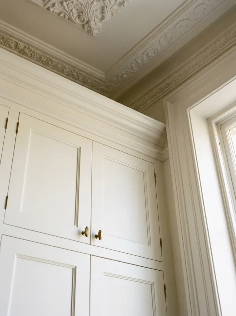 White shaker built-in cabinet with crown molding running continuously into the ceiling cornice and base molding matching the adjacent skirting board
