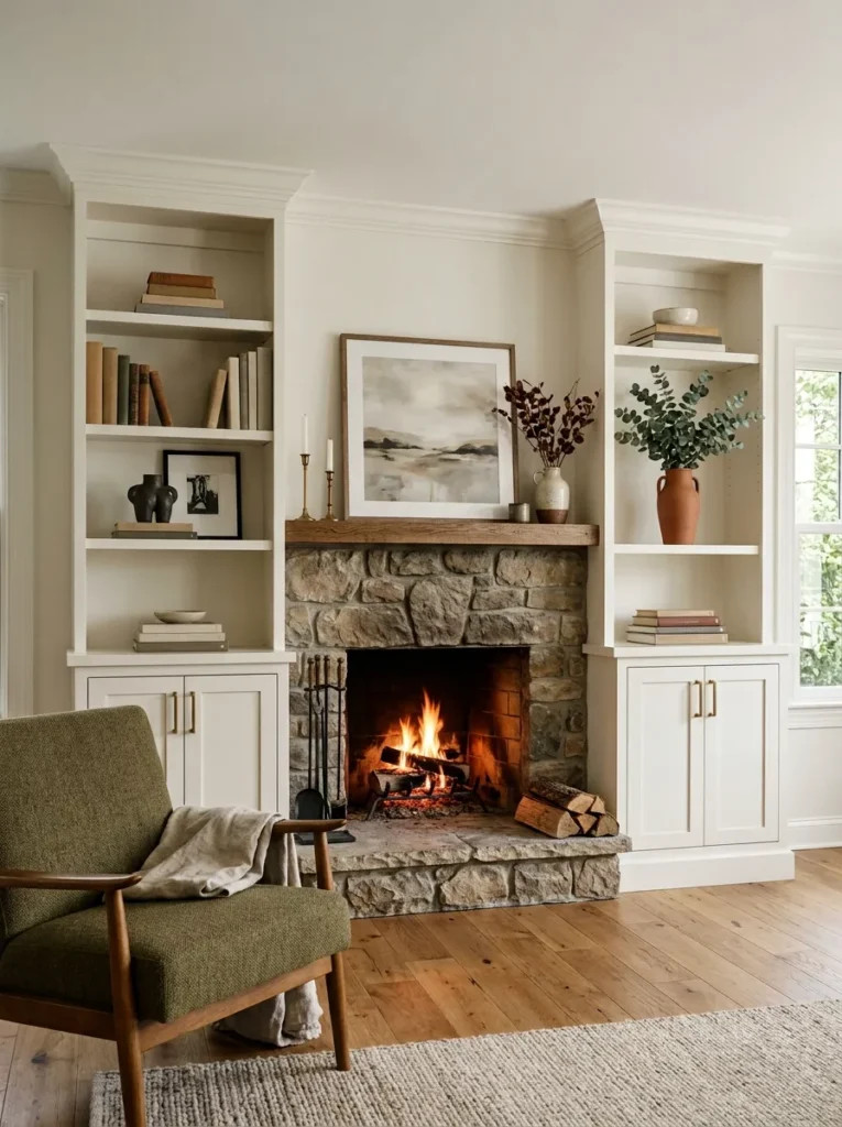 Symmetrical white shaker built-in cabinets flanking a stone fireplace with open upper shelves, closed lower doors, and brass bar pulls
