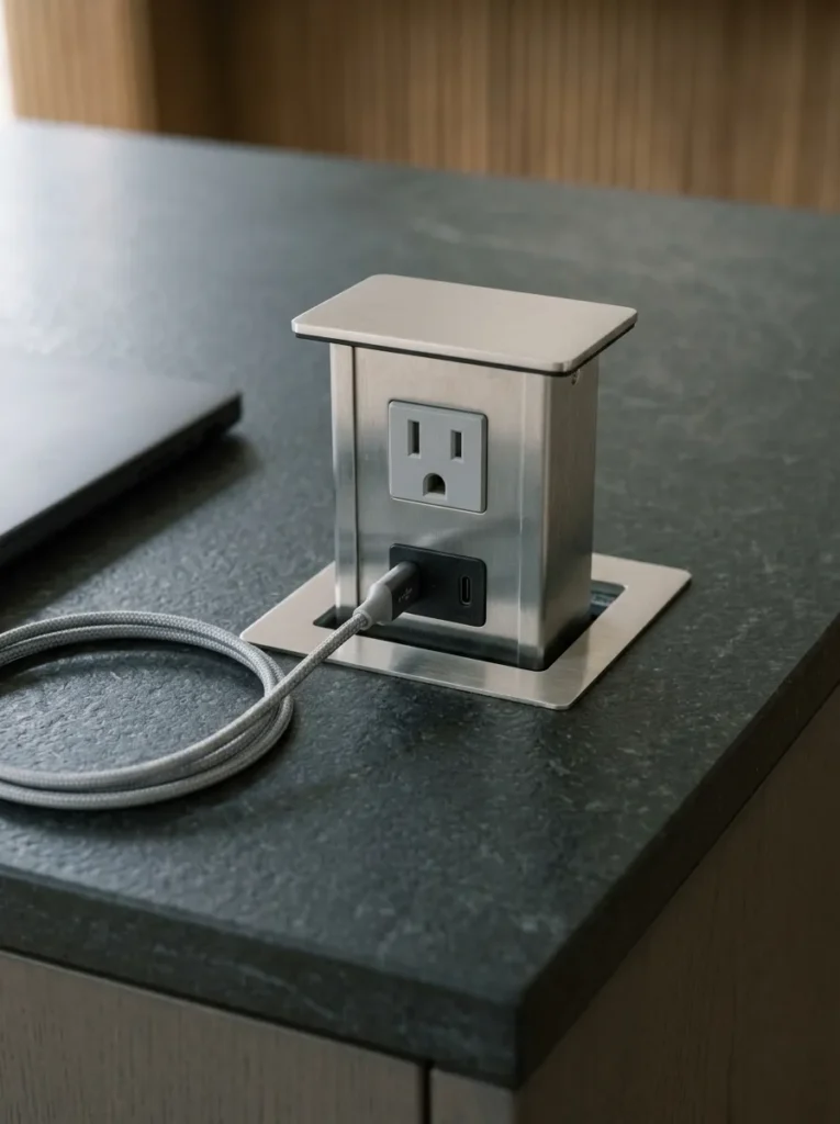 Kitchen island with a flush pop-up power outlet extended from the counter edge