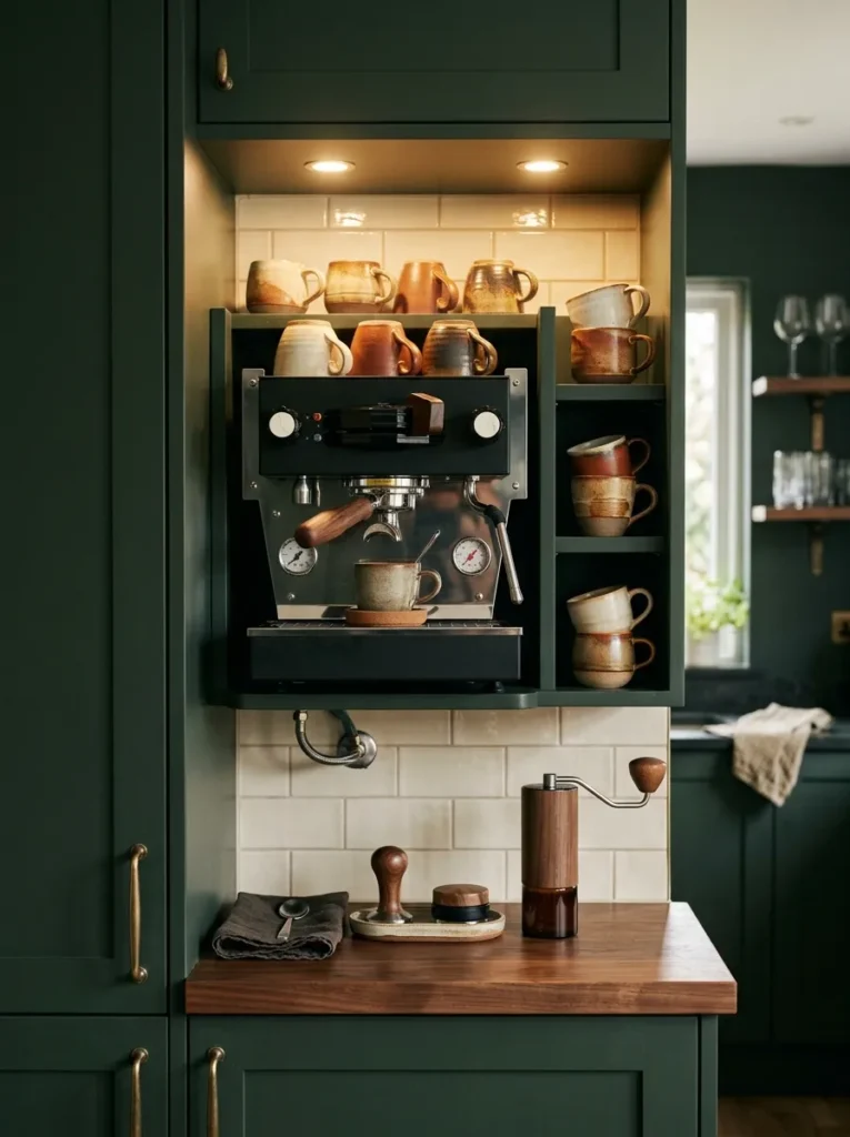 Built-in espresso machine at eye level in dark green kitchen cabinetry with stoneware cups on open shelf and small counter below
