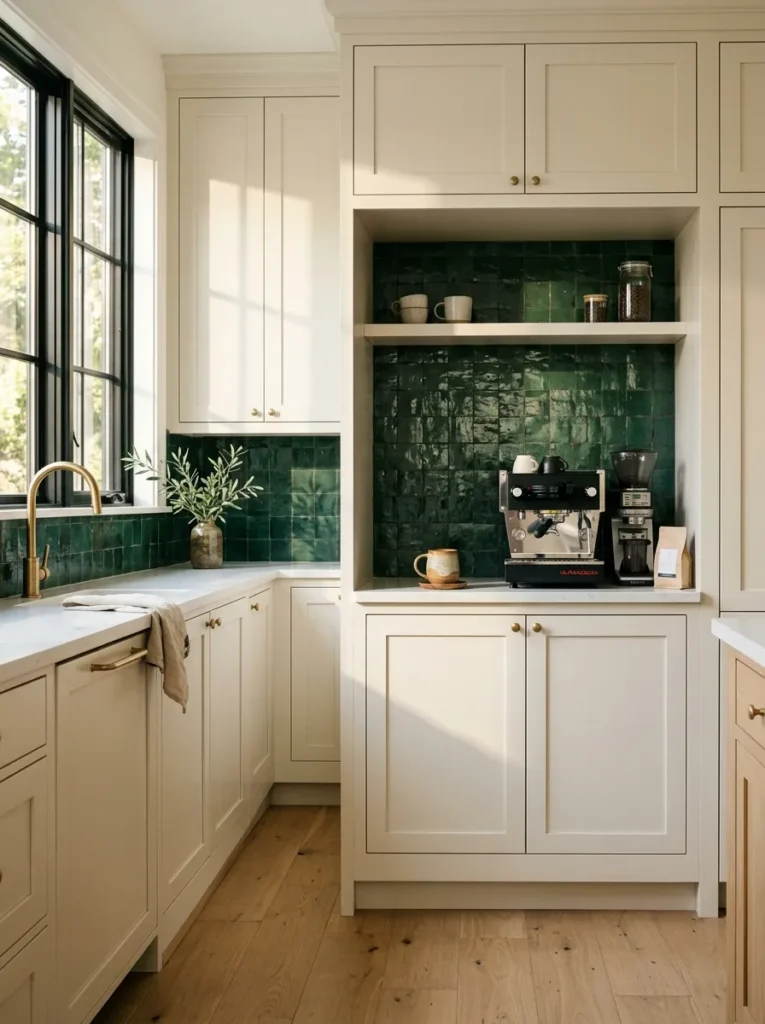 Built-in kitchen coffee nook with a contrasting tile backsplash setting it apart from the main counter