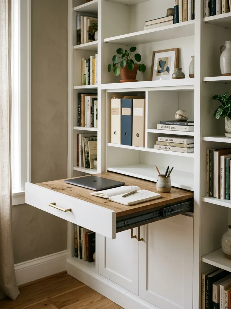 Living room built-in with a pull-out desk drawer extended to reveal a compact workspace, surrounded by shelving and cabinetry that conceals the office zone when closed
