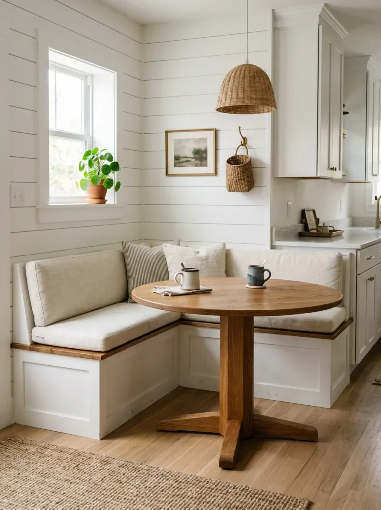 White built-in L-banquette with cream linen cushion and round oak pedestal table in a corner kitchen nook