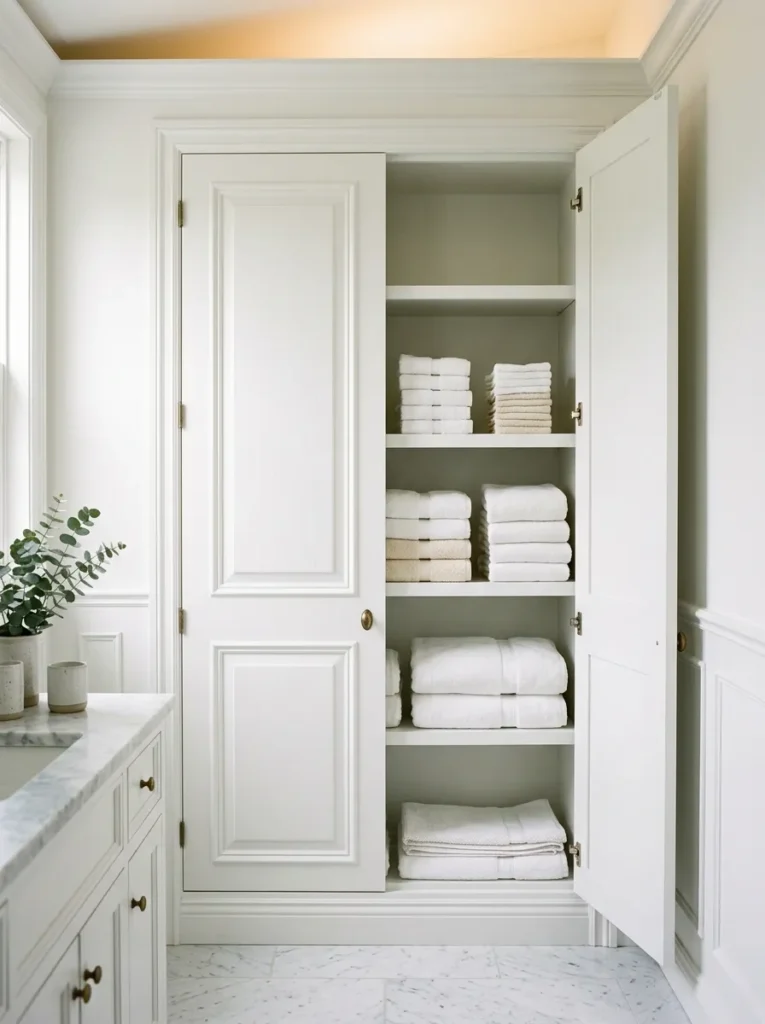Built-in floor-to-ceiling bathroom linen cabinet with one door open showing neatly stacked white and cream towels organized by size on interior shelves
