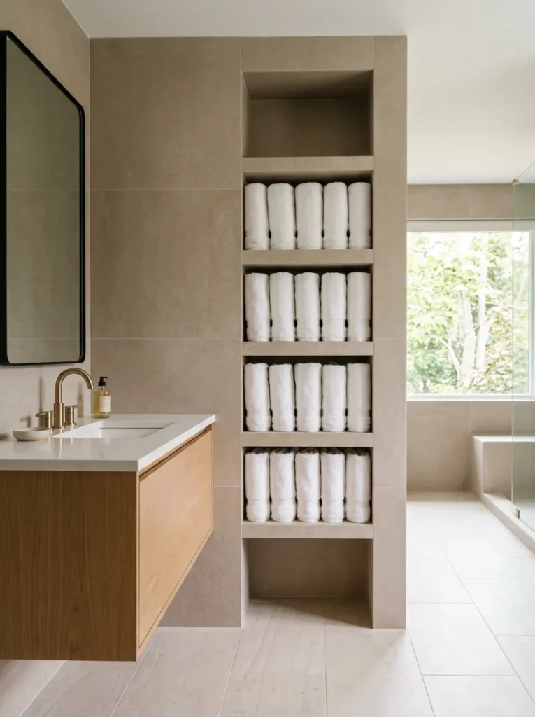 Narrow built-in linen closet alcove beside a bathroom vanity with vertically folded towels on open shelves
