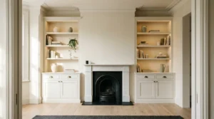 White built-in living room cabinets flanking a marble fireplace with open upper shelves styled with books and ceramics, aged brass pulls, and recessed LED shelf lighting