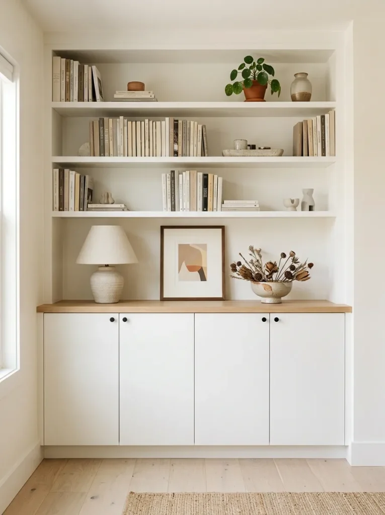 White built-in unit with closed lower cabinet doors and open upper shelves styled with books, ceramics, and a small plant, with a countertop display surface between the two zones
