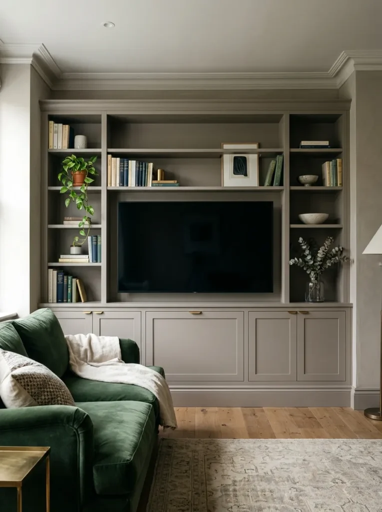 Built-in media wall in warm greige with a TV mounted centrally, flanking open shelves with books and plants, and closed lower cabinets concealing equipment
