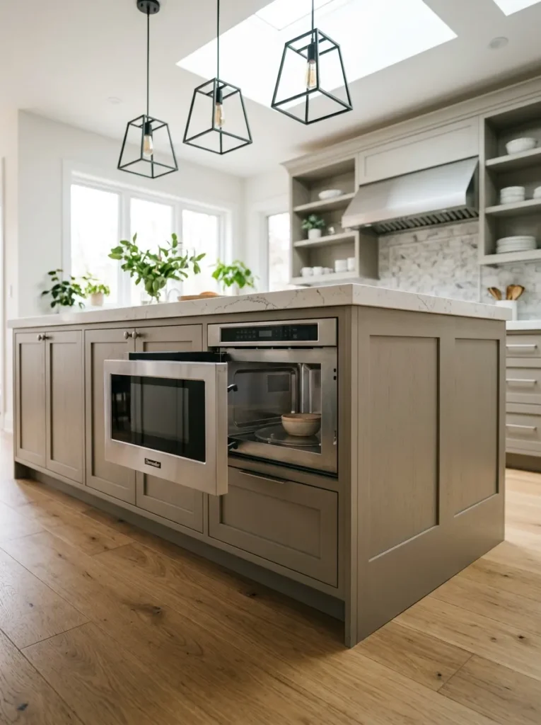 Kitchen island with a stainless microwave drawer built into the base at an accessible height