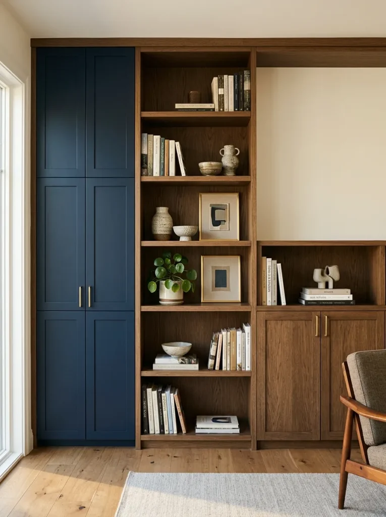 Built-in living room cabinet in smoked oak with a deliberate mix of closed navy panel doors and open display shelves with books, ceramics, and a plant
