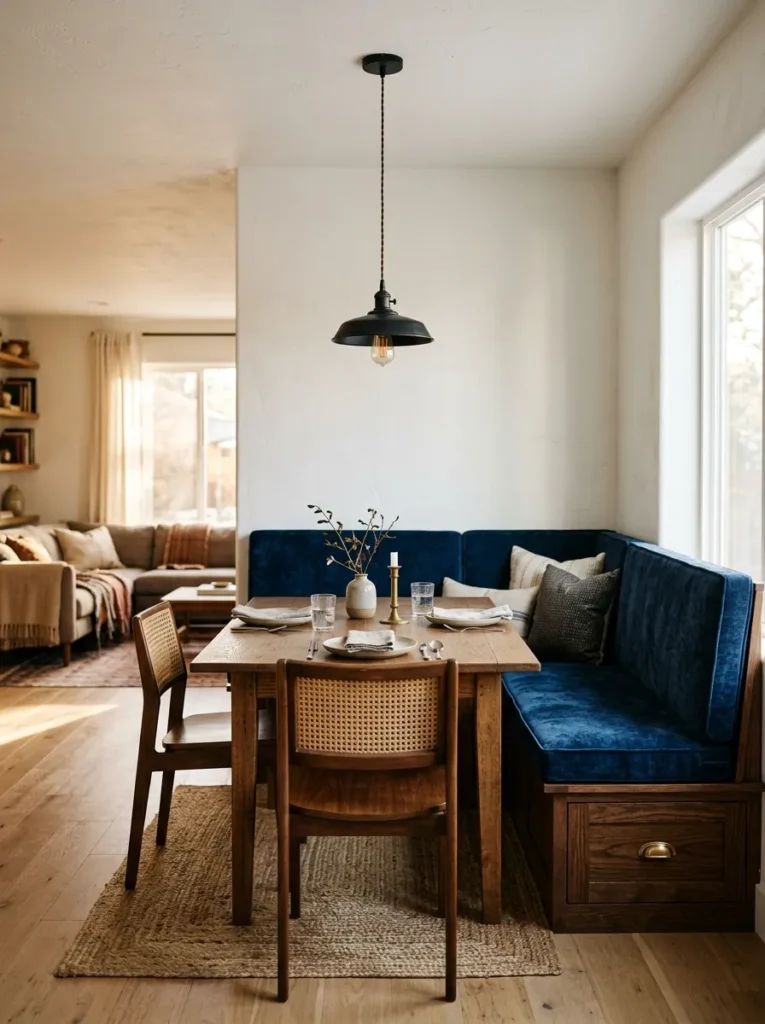 L-shaped built-in navy velvet banquette with a dining table and wood chairs in an open plan dining corner