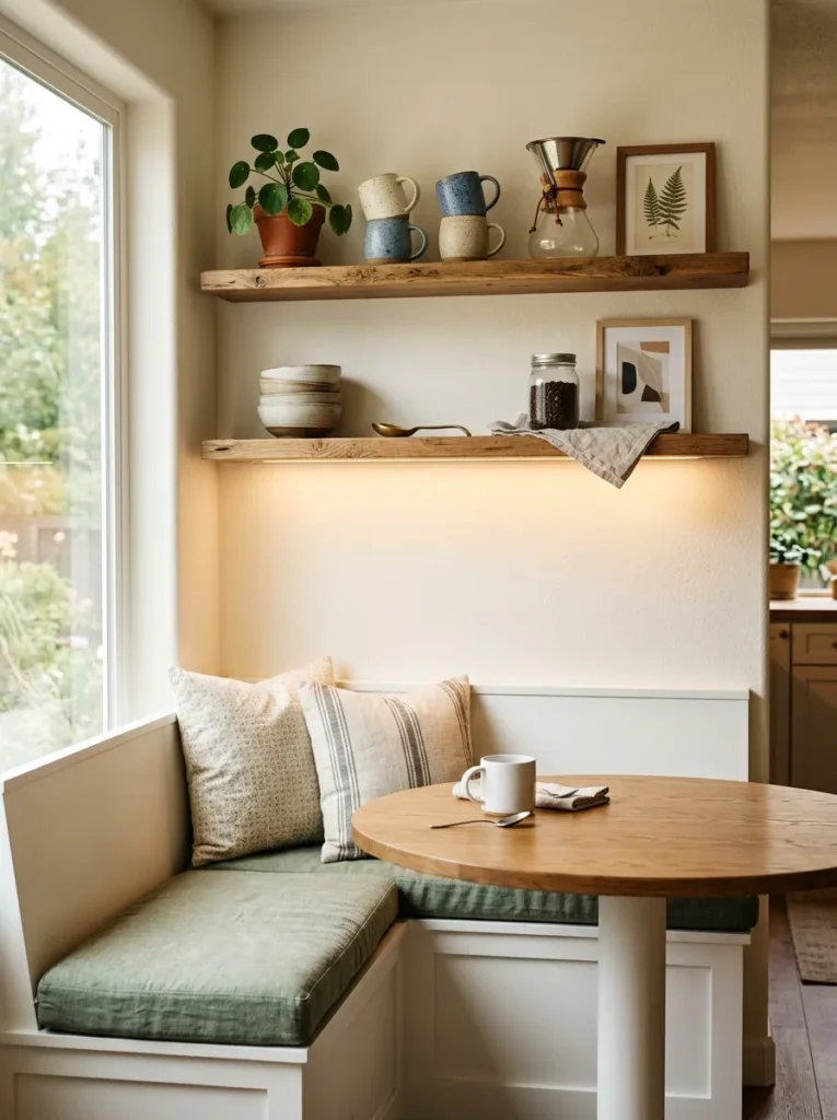 White built-in banquette nook with open timber shelves above holding mugs, a plant, and a coffee carafe