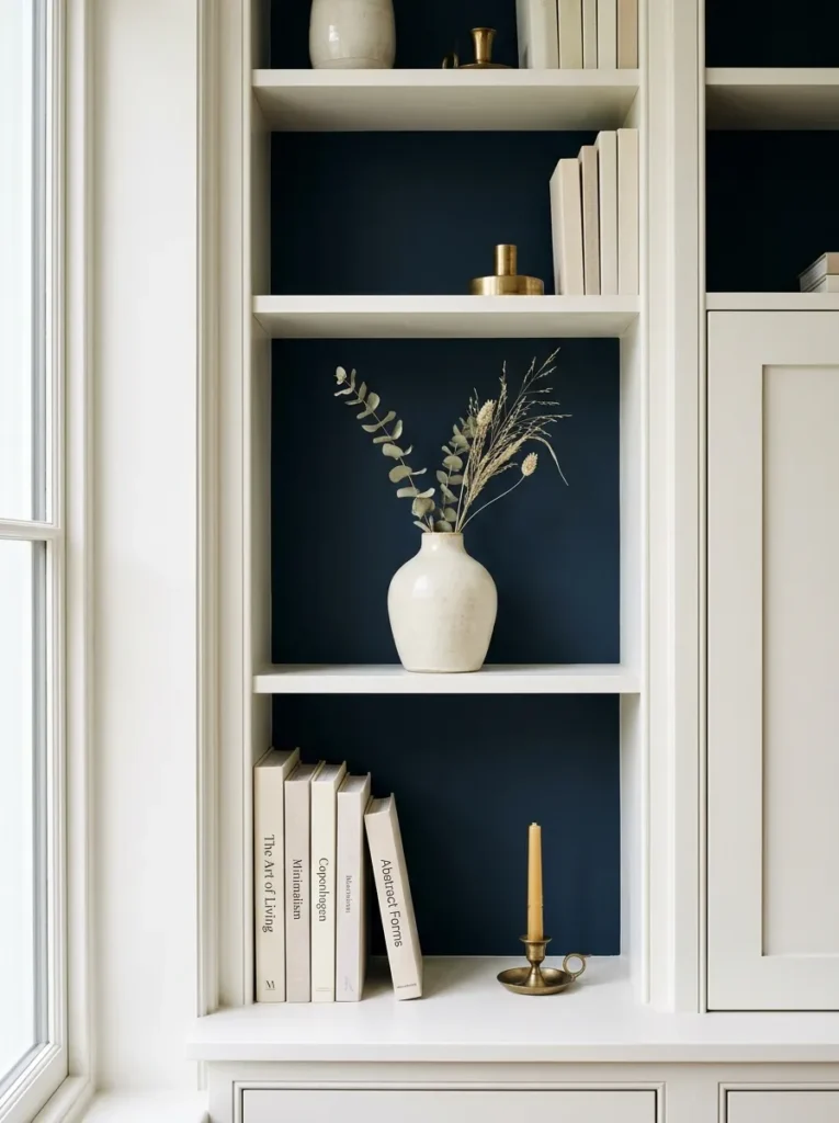 White built-in open shelving with deep navy back panels showing how bold interior cabinet colors make displayed objects stand out
