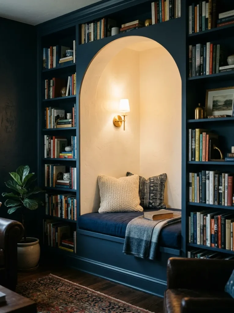 Built-in reading nook with an arched opening, flanking bookshelves, a thick navy cushion, and a brass wall sconce creating warm interior light
