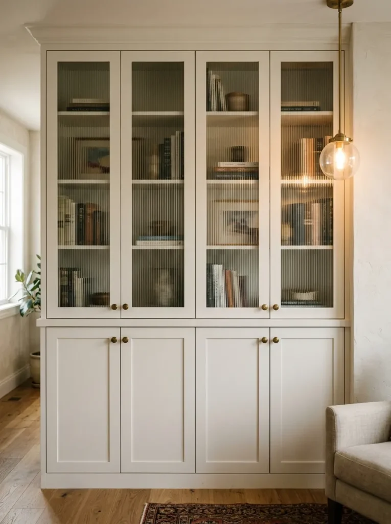 White built-in cabinet with ribbed glass upper doors showing softened views of books and objects inside, with solid lower panel doors and aged brass knobs

