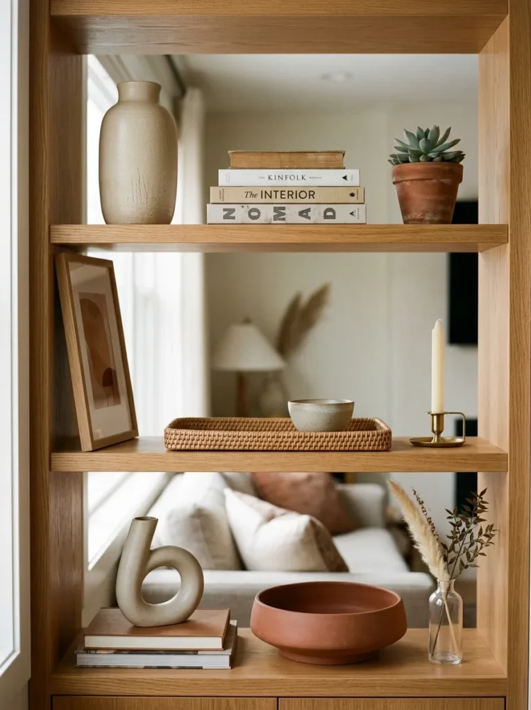 Three built-in shelves styled using a three-zone system with a tall ceramic anchor, horizontal book stack, and small plant accent on each level
