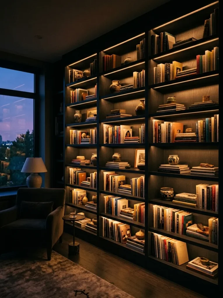 Dark charcoal floor-to-ceiling built-in shelves with warm LED strip lighting under each shelf illuminating books and ceramics from above at dusk
