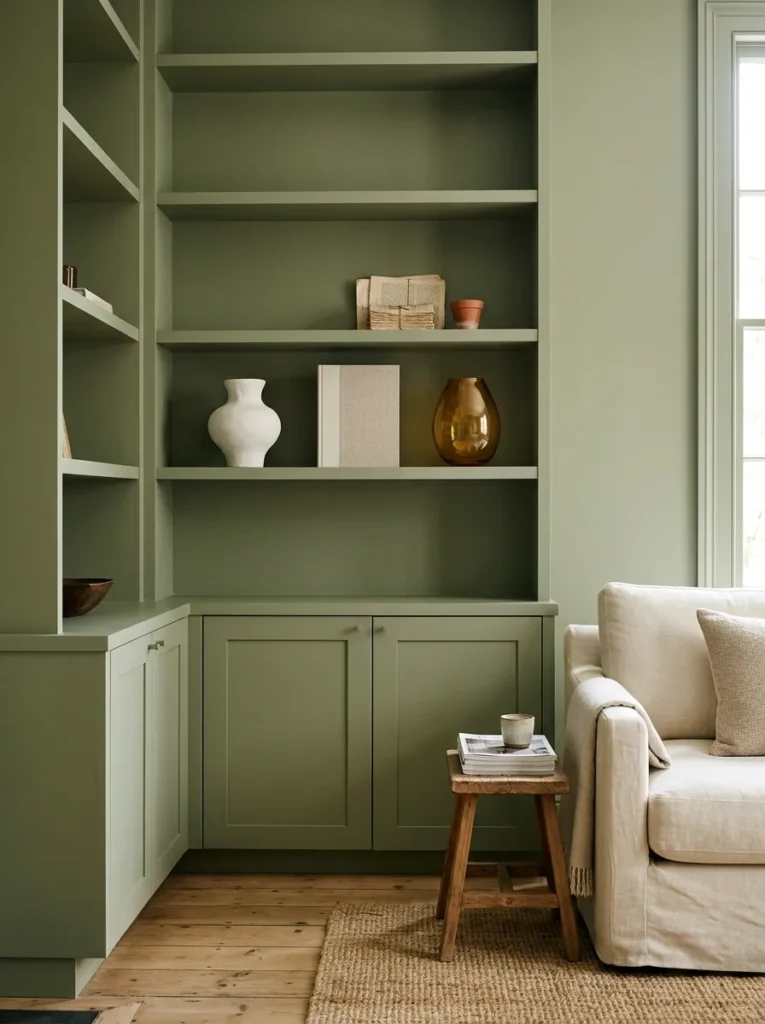 Built-in shelves and surrounding walls painted the same sage green, with white and amber objects displayed against the unified color background
