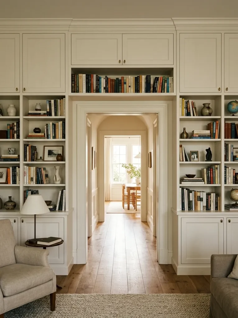 White built-in bookshelves surrounding a doorway on both sides and above with a connecting overhead cabinet, making the door opening appear part of the cabinetry design
