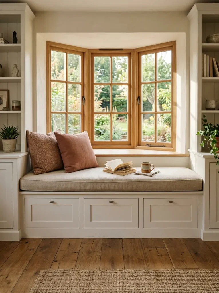 Built-in window seat with a thick linen cushion and lift-top storage below, flanked by built-in shelving on each side in a bay window living room

