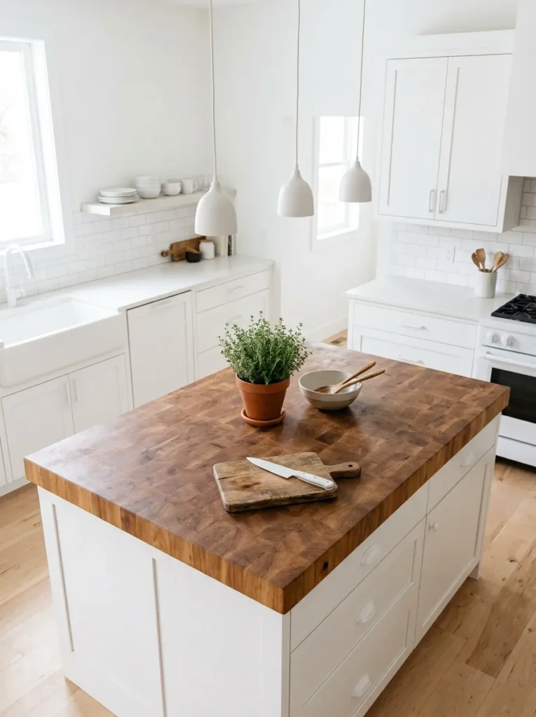 Solid butcher block island top in an all-white kitchen adding warmth and natural texture