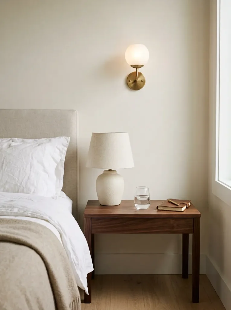 Cable-free bedroom nightstand surface with a single lamp, glass, and small object, no visible cords or charging cables