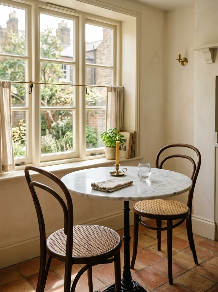 Small round café table for two with bentwood chairs beside a kitchen window in an apartment