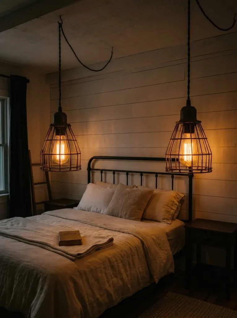 Two aged iron cage pendant lights with warm Edison bulbs hanging above a farmhouse bed in evening light
