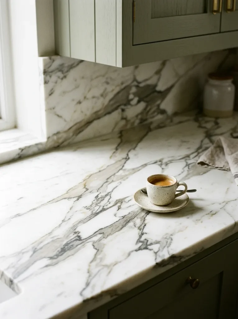 Close view of honed Calacatta marble kitchen countertop with bold natural veining, soft sidelight, espresso cup showing surface scale