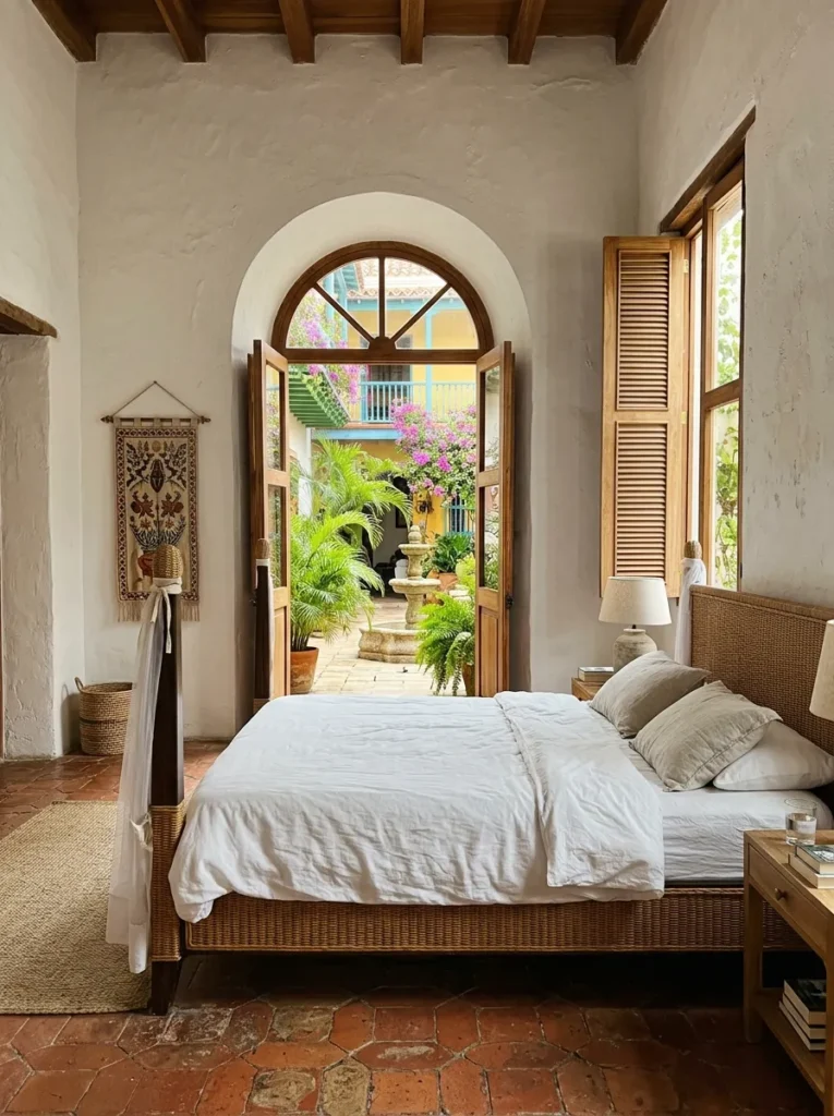 Wide rattan four-poster bed facing the arched doorway in a colonial Cartagena bedroom for restful placement.