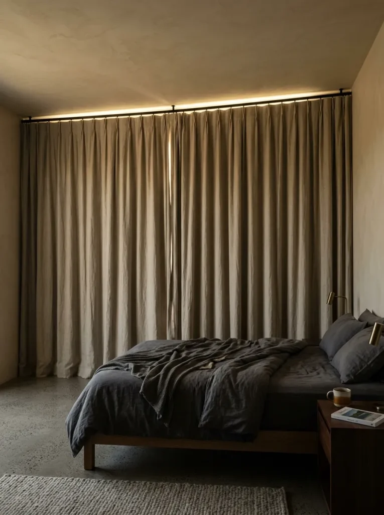 Double-track blackout curtain system in a New Zealand bedroom blocking morning sun with linen outer layer.
